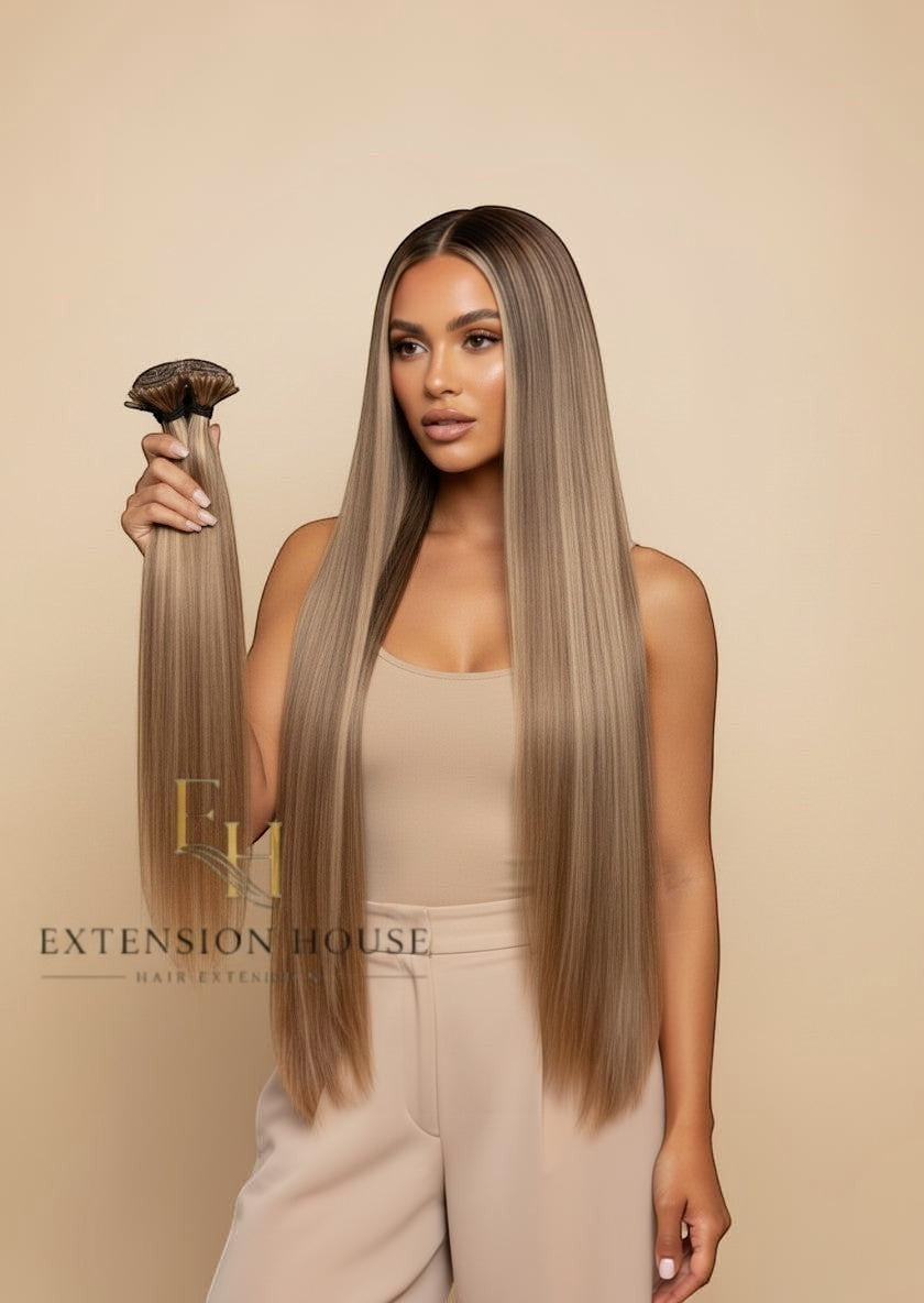 Extension house nanoring extensions in #6/20 light brown blonde highlight blend, 100% human hair, 40 cm 50 cm en 60 cm lengtes.