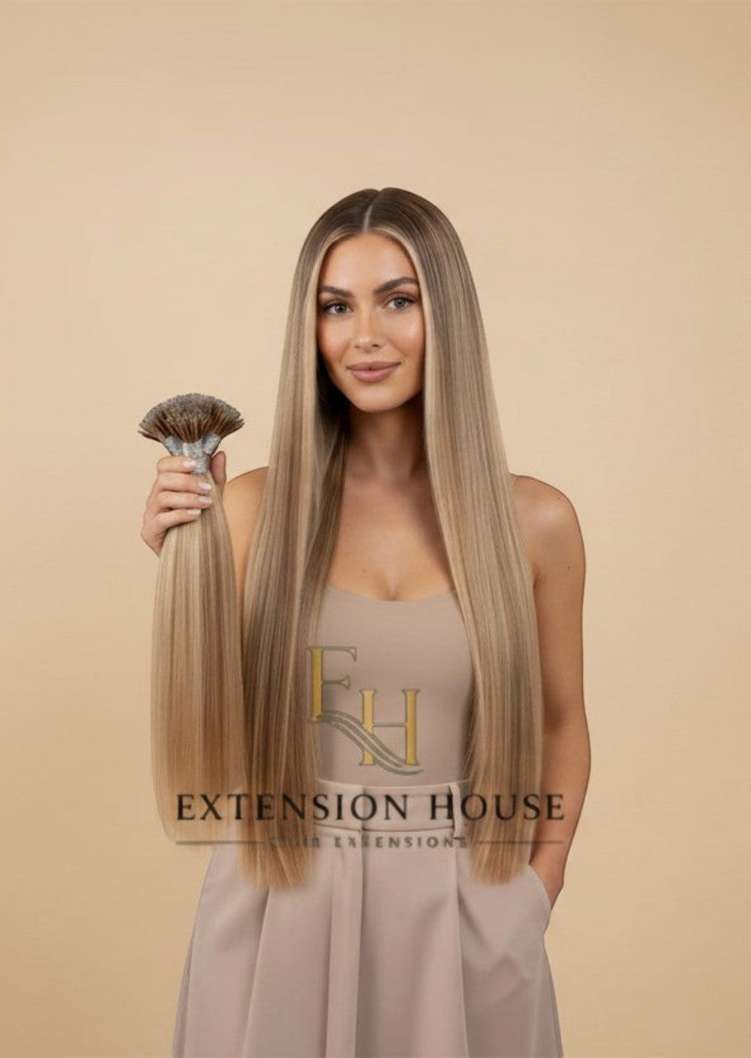 Extension house nanoring extensions in ash blonde highlight blend, 100% human hair, model holds a bundle.