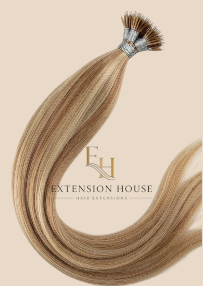Extension house nanoring extensions #P60/8 Ash Blonde Highlight Blend, 100% human hair, natuurlijke blend met lichtbruine en blonde highlights.