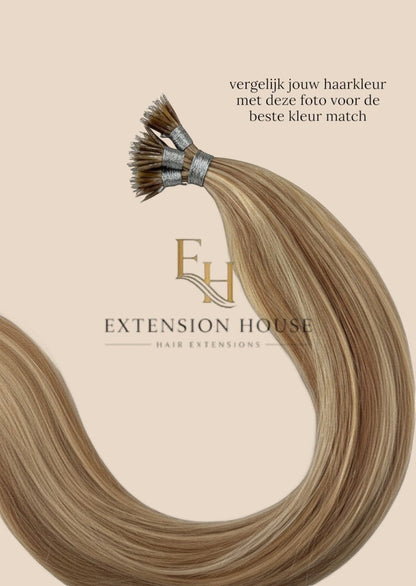 Extension house nanoring extensions #P60/8 Ash Blonde Highlight Blend, 100% human hair, natuurlijke blend met lichtbruine en blonde highlights.