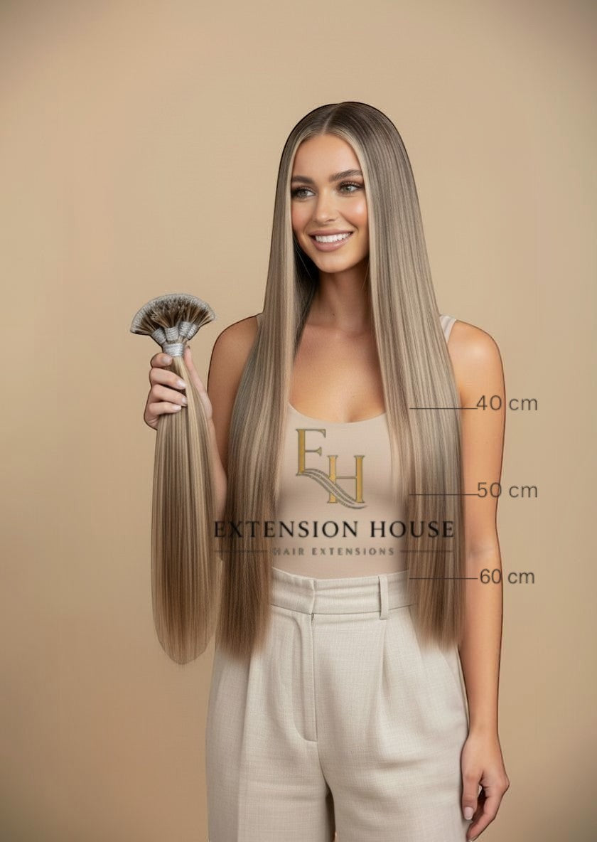Extension House nanoring extensions in assig blonde highlight blend, 40-60 cm lang. Model houdt bundel vast.