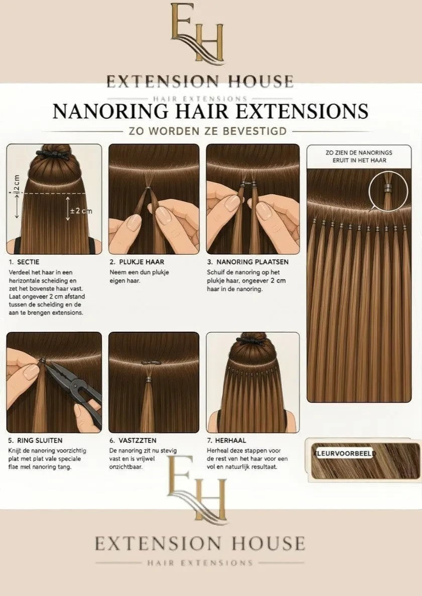 Extension House nanoring extensions in assig blonde highlight blend, illustratie van aanbrenging en resultaat.