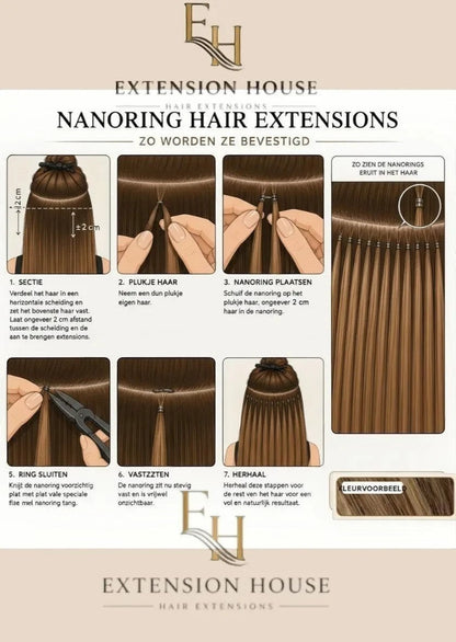 Extension House nanoring extensions in assig blonde highlight blend, illustratie van aanbrenging en resultaat.