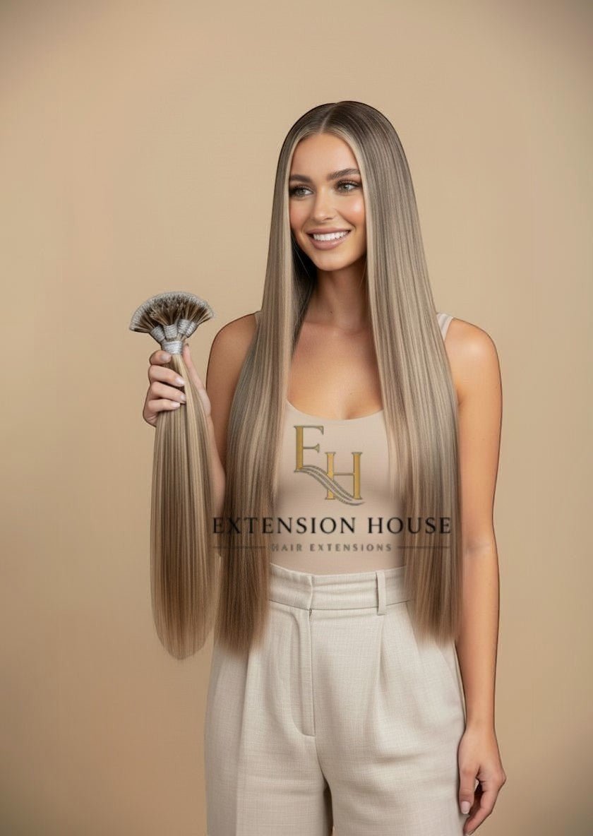 Extension House nanoring extensions in assig blonde highlight blend, lang en volume voor een natuurlijke look.