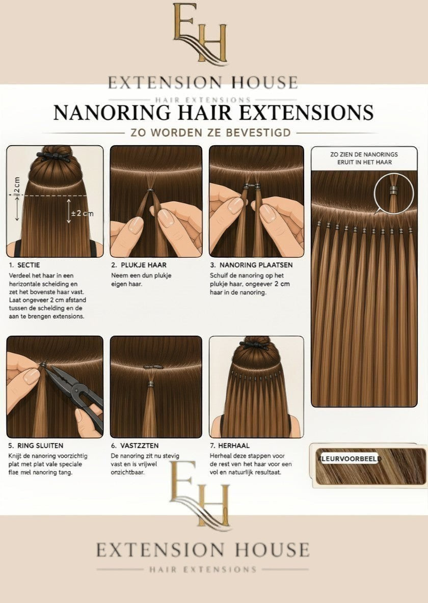 Extension House nanoring haar extensions in bruin met highlights, voor extra lengte en volume.