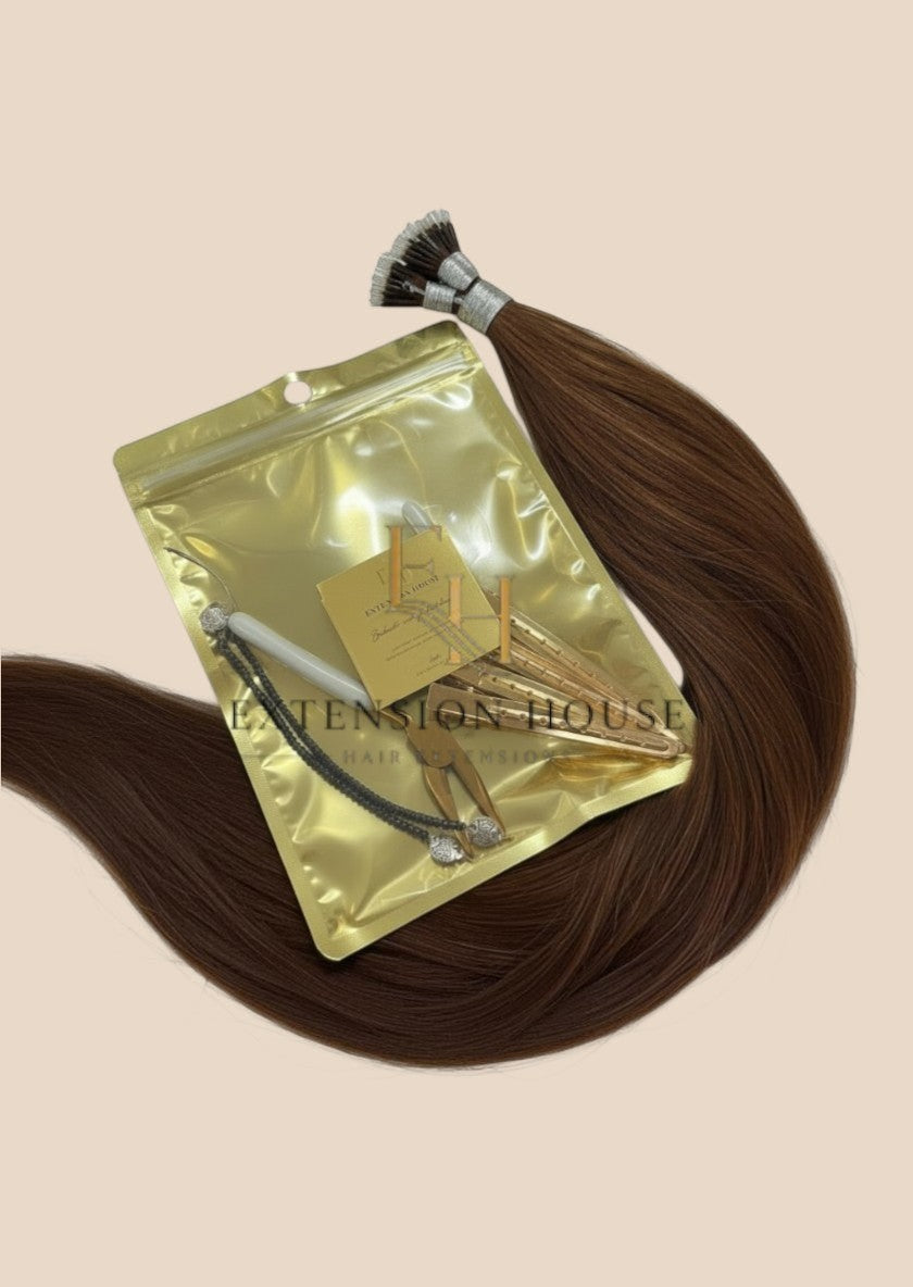 Extension House nanoring extensions van 100% human hair in kleur #2 bruin, met nanoring tool en clips.