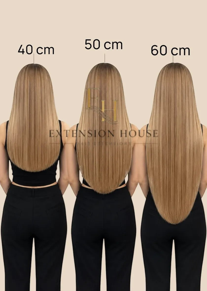 Extension house nanoring extensions in warm light brown (#2) human hair, shown in 40, 50 and 60 cm lengths.