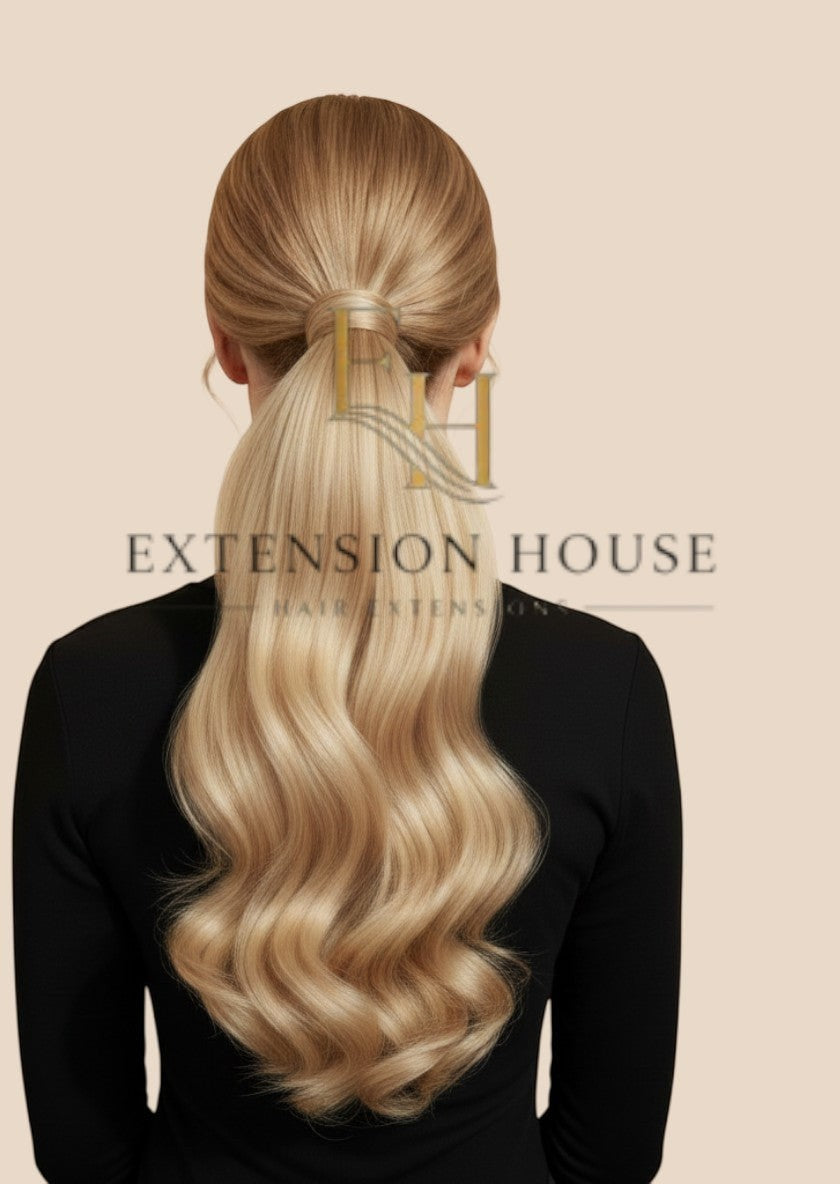 Extension House nanoring extensions in #613A Cool Platinum Blonde, 100% human hair, wavy style.