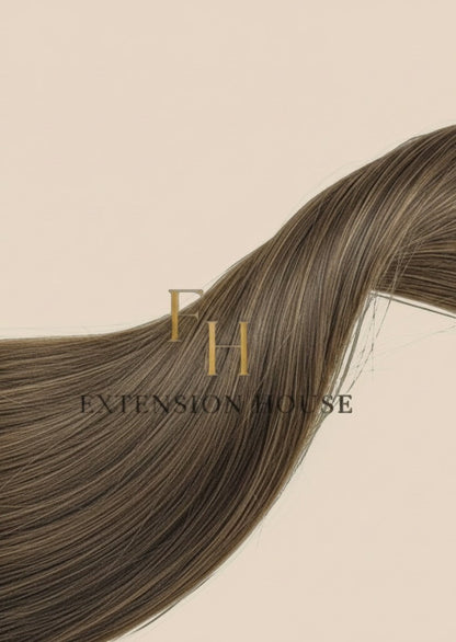 Extension house nanoring extensions in dark espresso brown (#2A) human hair with subtle lighter highlights.