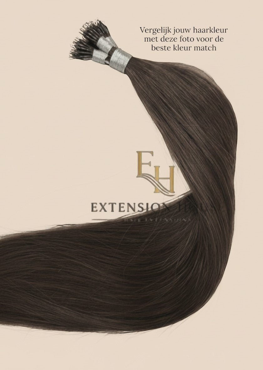 Extension house nanoring extensions van 100% human hair in de kleur #2A Dark Espresso Brown. Natuurlijke, donkerbruine tint.