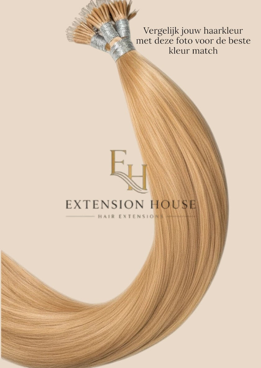 Extension House nanoring extensions van 100% human hair in de kleur #20 Golden Blonde. Warm goudblond haar voor een natuurlijke look.