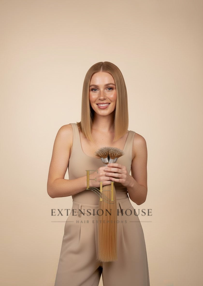 Extension house nanoring extensions in #20 Golden Blonde, 100% human hair, model met lang blond haar