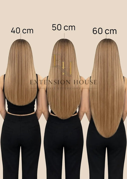 Extension House Nanoring extensions, 100% echt haar, toonlengtes 40, 50 en 60 cm, met subtiele highlights.
