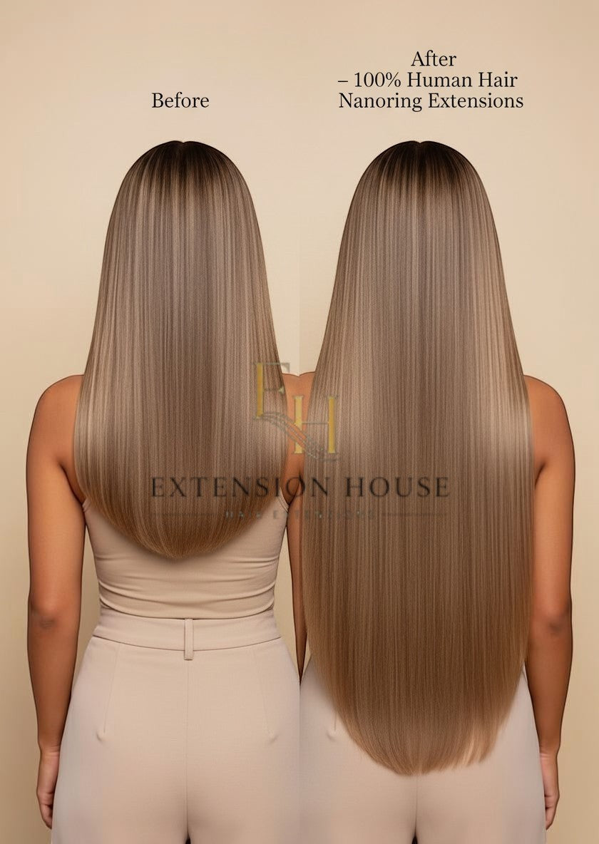 Extension house nanoring extensions van 100% human hair in #6/20 lichtbruin blonde highlight blend, 40-60 cm lang.