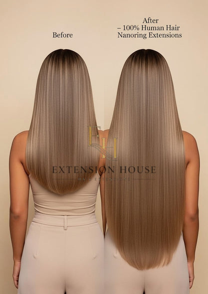 Extension house nanoring extensions van 100% human hair in #6/20 lichtbruin blonde highlight blend, 40-60 cm lang.