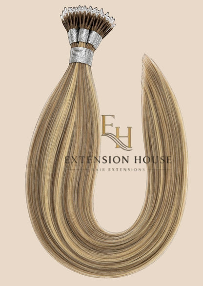Extension house nanoring extensions van 100% human hair in #6/20 lichtbruin blonde highlight blend, 40 cm - 50 cm - 60 cm