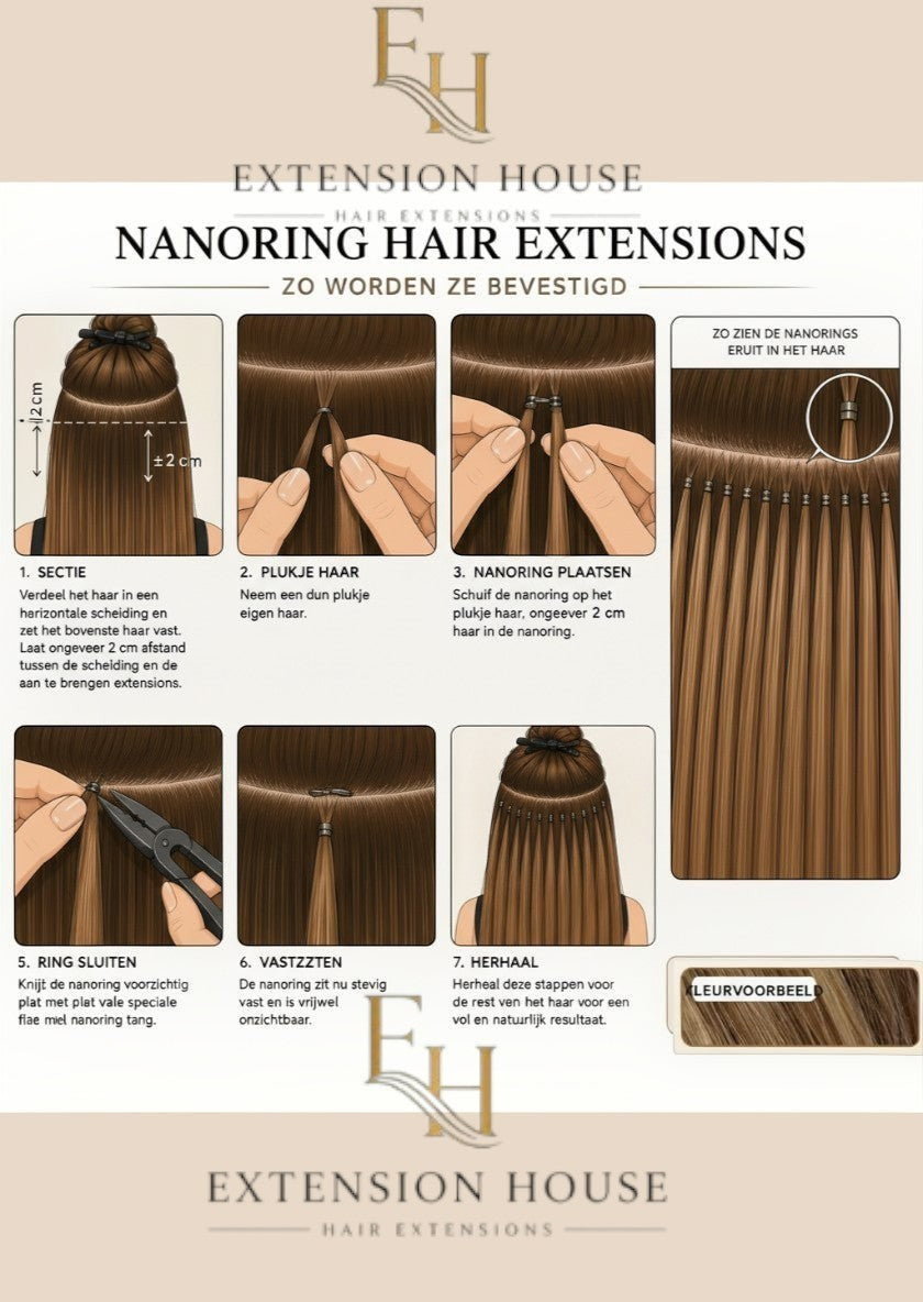 Extension house nanoring extensions in honey blonde highlight blend (#24/8) voor een natuurlijke, volumineuze look.