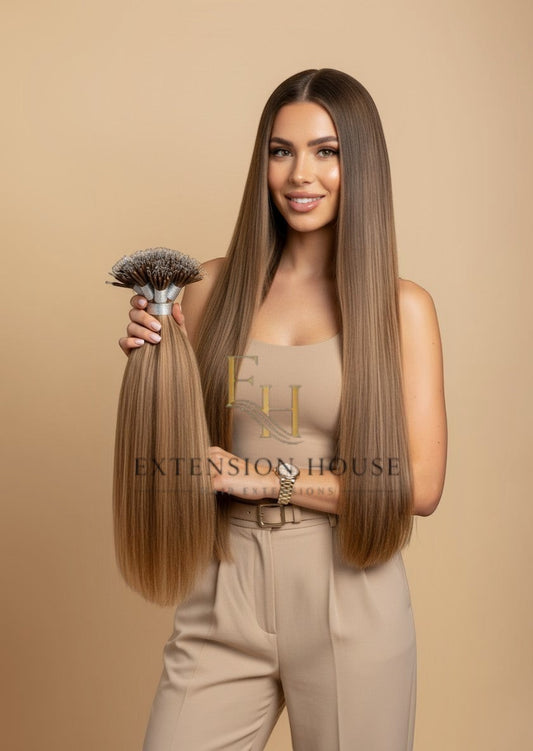 Extension house nanoring extensions #24/8 honey blonde highlight blend, mix van lichtbruin en blonde highlights.
