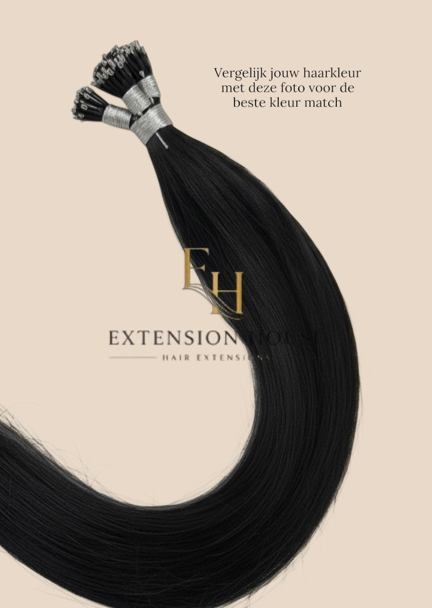 Extension house nanoring extensions van 100% human hair in jet black kleur #1. Zacht, herbruikbaar haar van hoge kwaliteit.