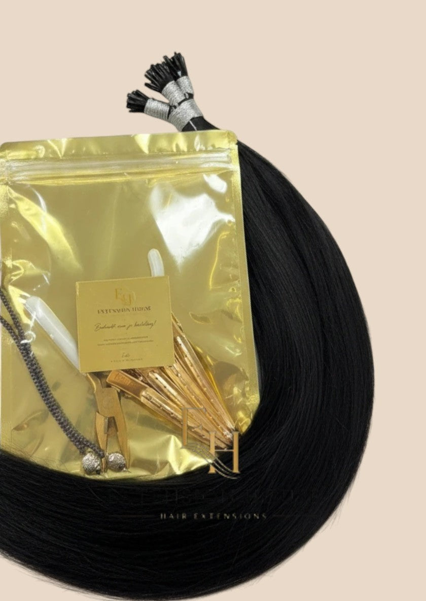 Extension house nanoring extensions van 100% human hair in jet black. Inclusief tools voor applicatie.