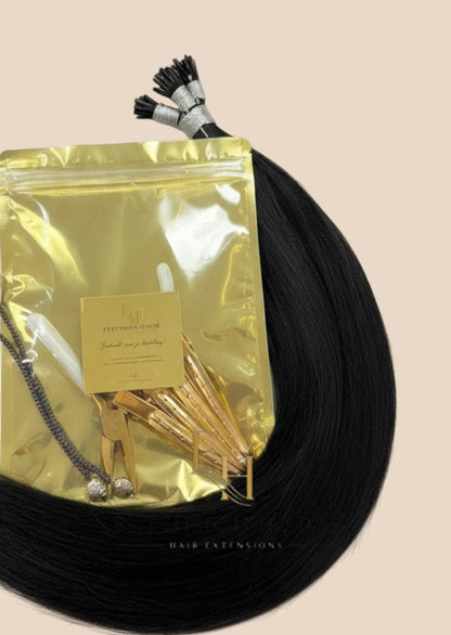 Extension house nanoring extensions van 100% human hair in jet black. Inclusief tools voor applicatie.