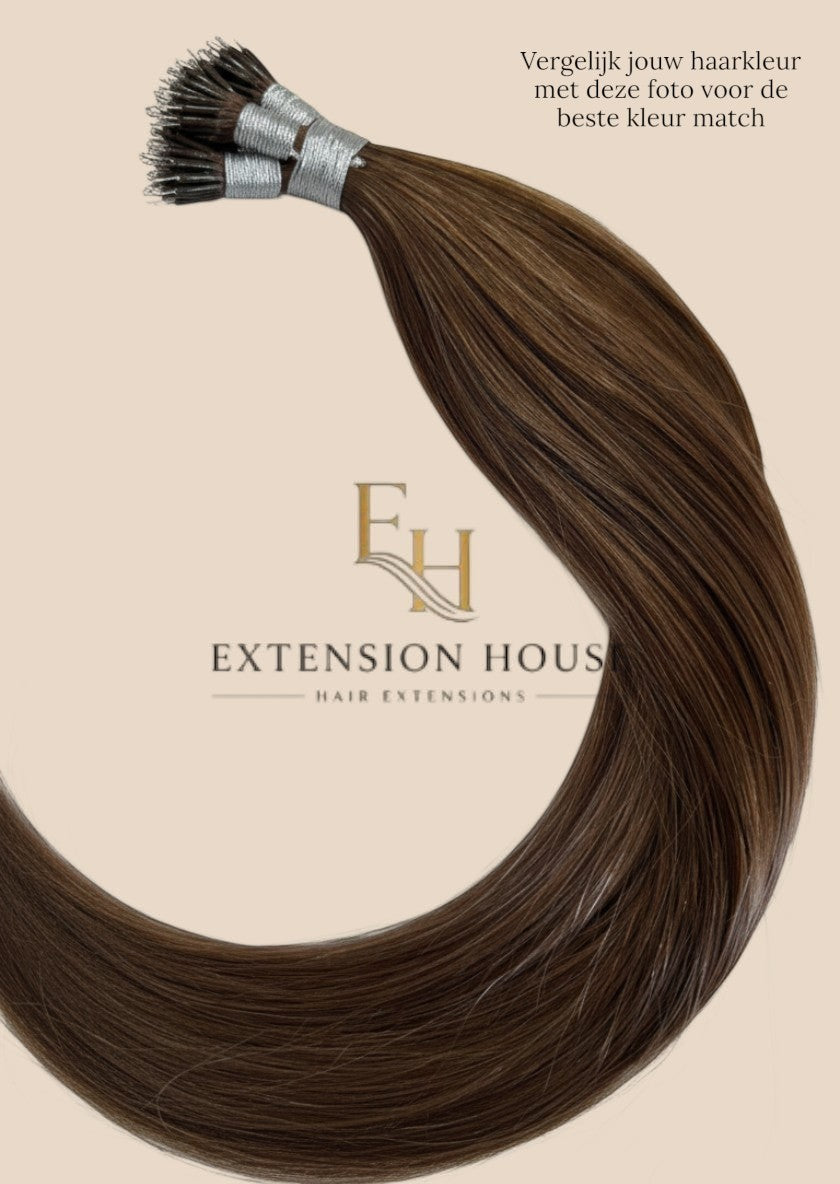 Extension house nanoring extensions van 100% human hair in kastanjebruin #6, met zachte, natuurlijke glans.
