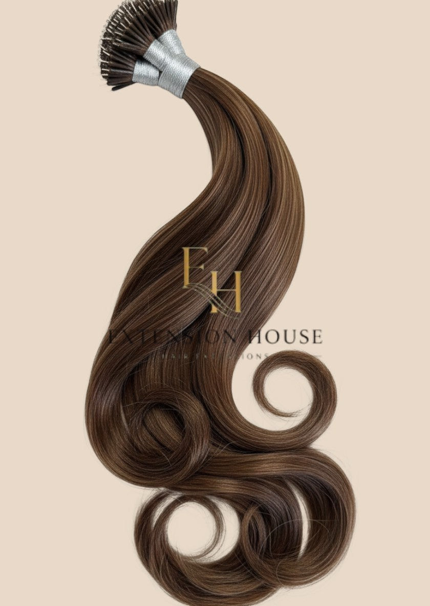 Extension house nanoring extensions van 100% human hair in kastanjebruin #6, met subtiele highlights voor een natuurlijke look.