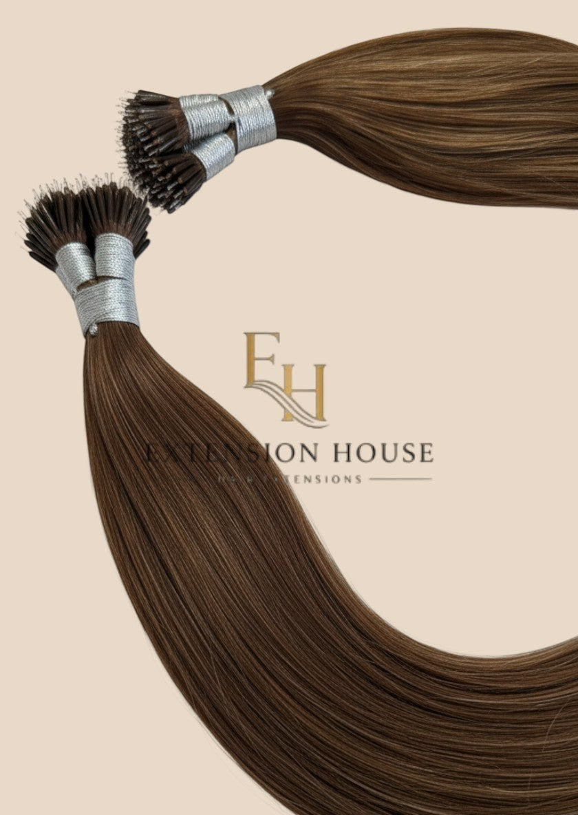 Extension house nanoring extensions van 100% human hair in kastanjebruin #6, met zachte, natuurlijke glans.