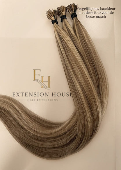 Extension house nanoring extensions van 100% human hair in #6/20 lichtbruin blonde highlight blend, 40-60 cm.