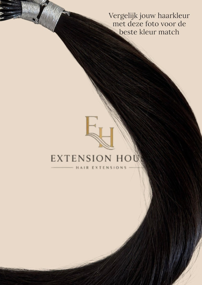 Extension house nanoring extensions van 100% human hair in kleur #1B Natural Black. Zacht en herbruikbaar haar.