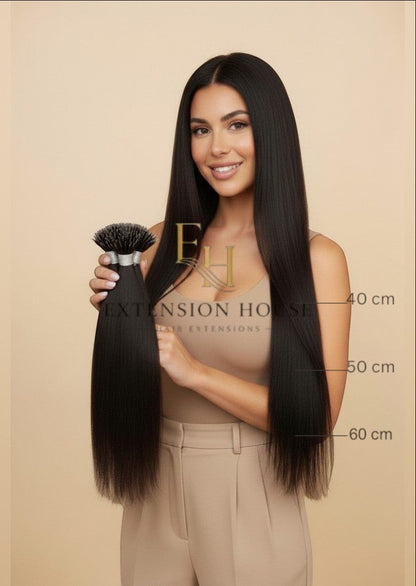 Extension house nanoring extensions #1B Natural Black, 100% human hair, model met lange rechte extensions