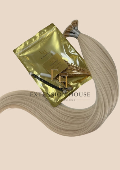 Extension House nanoring extensions van 100% human hair in koele platina blonde kleur #613A. Inclusief tools.