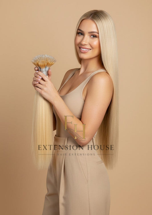 Extension house nanoring extensions in #60 Platinum Blonde, 100% human hair, met kleine nanoring bevestigingen.