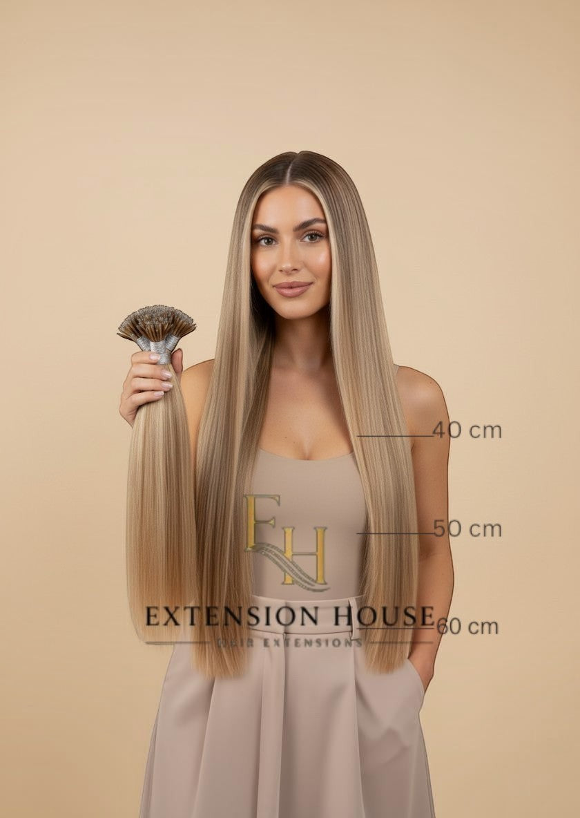 Extension House Nanoring Extensions #16/60 warm blonde highlight blend, 100% Remy haar, 40-60 cm lang.