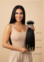 Extension House #1 nanoring extensions van 100% Remy-haar in de kleur zwart, met maten 40, 50 en 60 cm aangegeven.