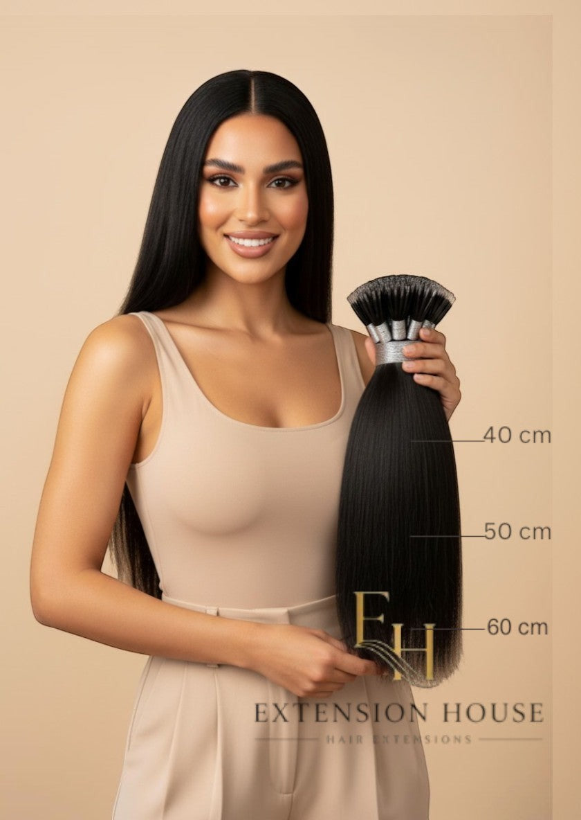 Extension House nanoring extensions van 100% Remy-haar in de kleur zwart, met maten 40, 50 en 60 cm aangegeven.