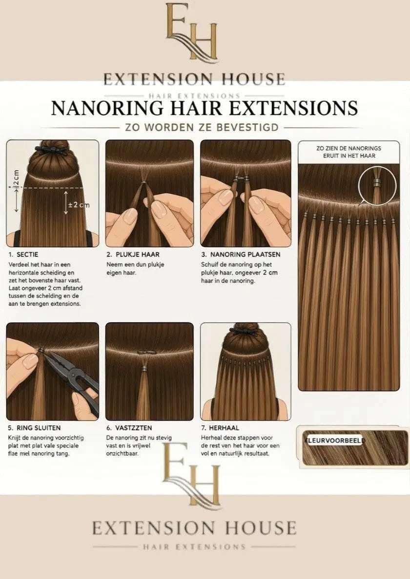 Extension House nanoring haar extensions, 1A warmbruin, 100% echt haar, voor volume en lengte. Instructies voor bevestiging.