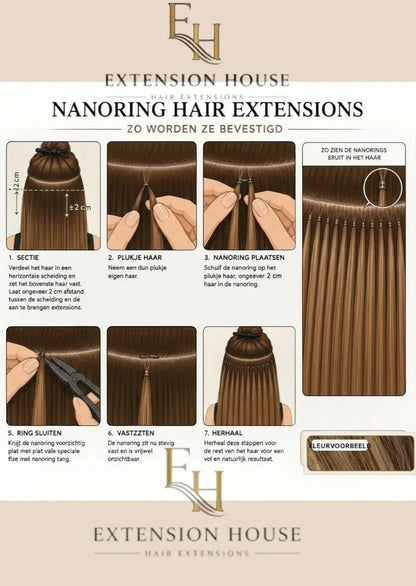 Extension House nanoring haar extensions, 1A warmbruin, 100% echt haar, voor volume en lengte. Instructies voor bevestiging.