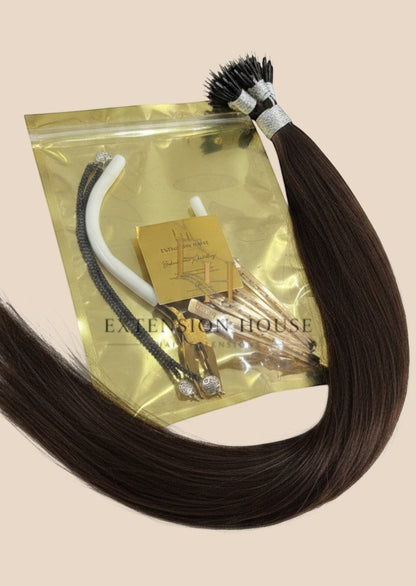 Extension House nanoring haar extensions 1A warmbruin, 100% echt haar met keratine bonding voor volume en lengte.