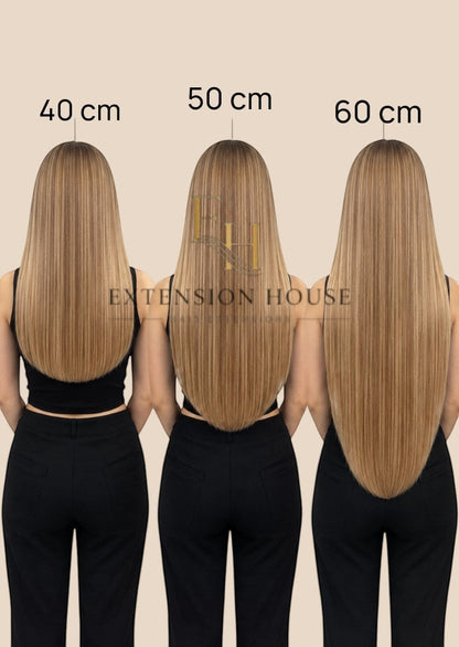 Extension House Nanoring haarverlengingen in 40, 50 en 60 cm lengtes. Blond haar met highlights.