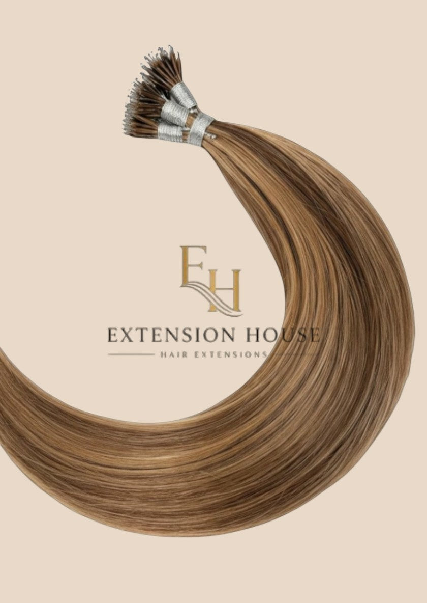 Extension House nanoring haarverlengingen in honingblond met highlights, gemaakt van 100% echt haar.
