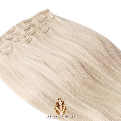 Extension house clip-in hairextensions in platinablond #1001 van 100% Remy human hair voor extra volume en lengte.