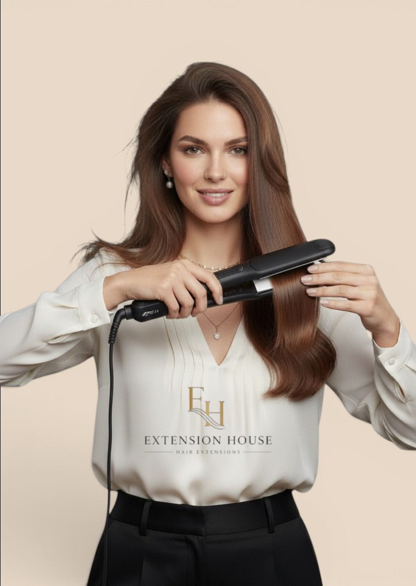 Vrouw met stijlvol haar gebruikt een zwarte Extension house professionele haarstijltang met titanium platen.