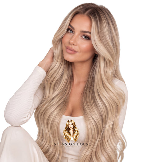 Extension house clip-in extensions in warm blond met highlights, gedragen door een vrouw met lang golvend haar.