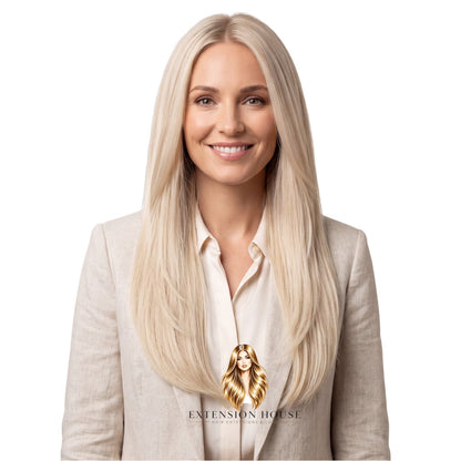 Vrouw met Extension house clip-in extensions in witblond 100% human hair voor extra lengte en volume