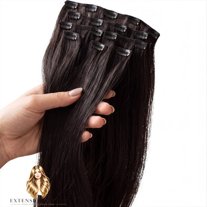Extension house clip-in extensions van 100% human hair in de kleur zwartbruin 1B met stevige clips