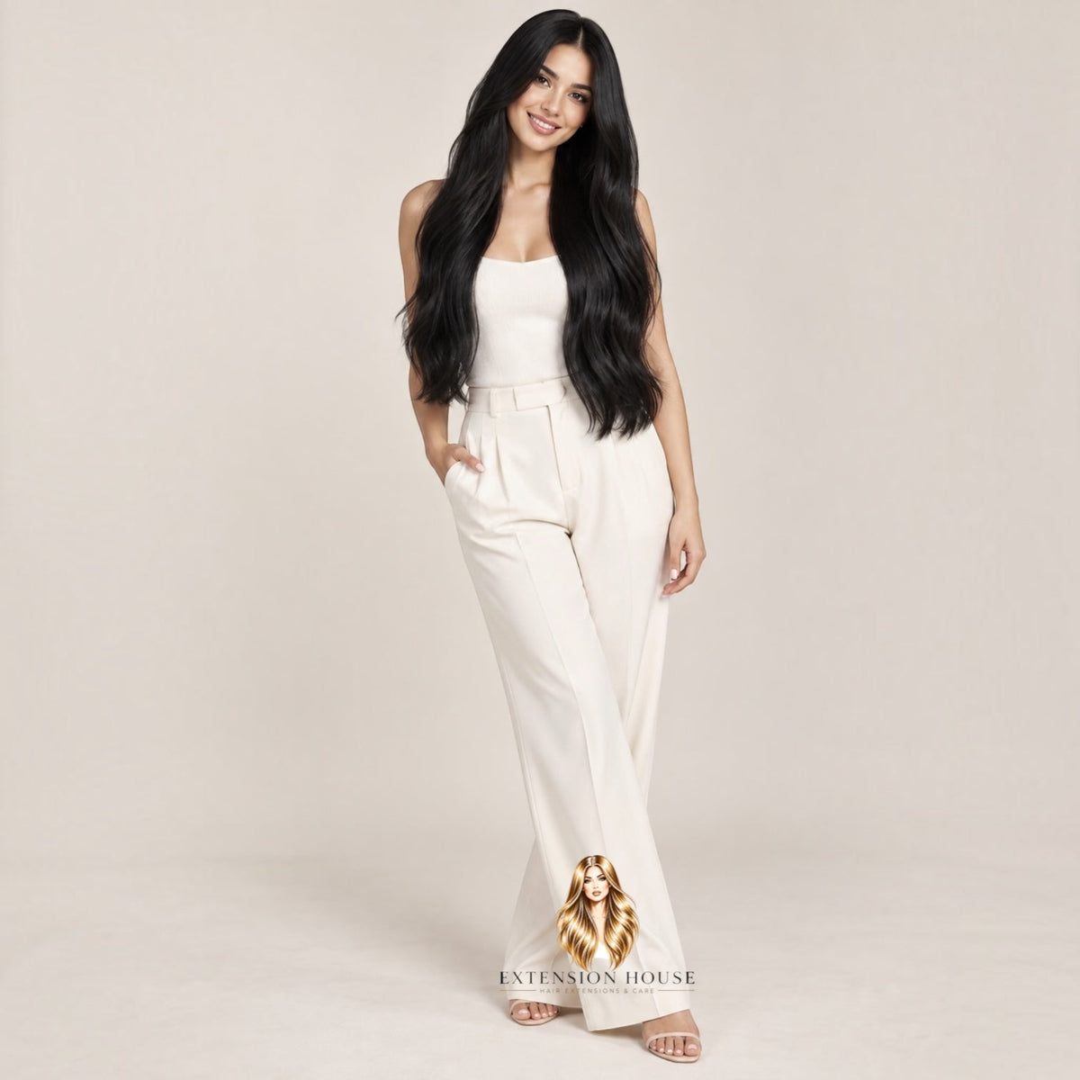 Model met lang, glanzend zwart 100% human hair van Extension house, gedragen als clip-in extensions voor extra volume.