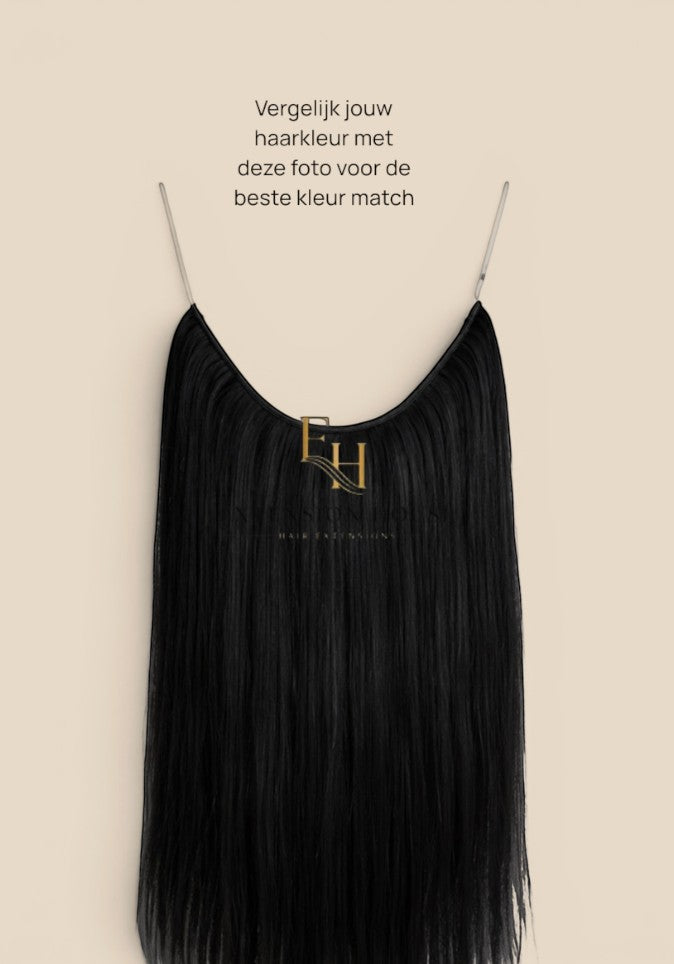 Extension house zwarte flip-in haarverlenging van 100% human hair met transparante draad voor extra volume en lengte.