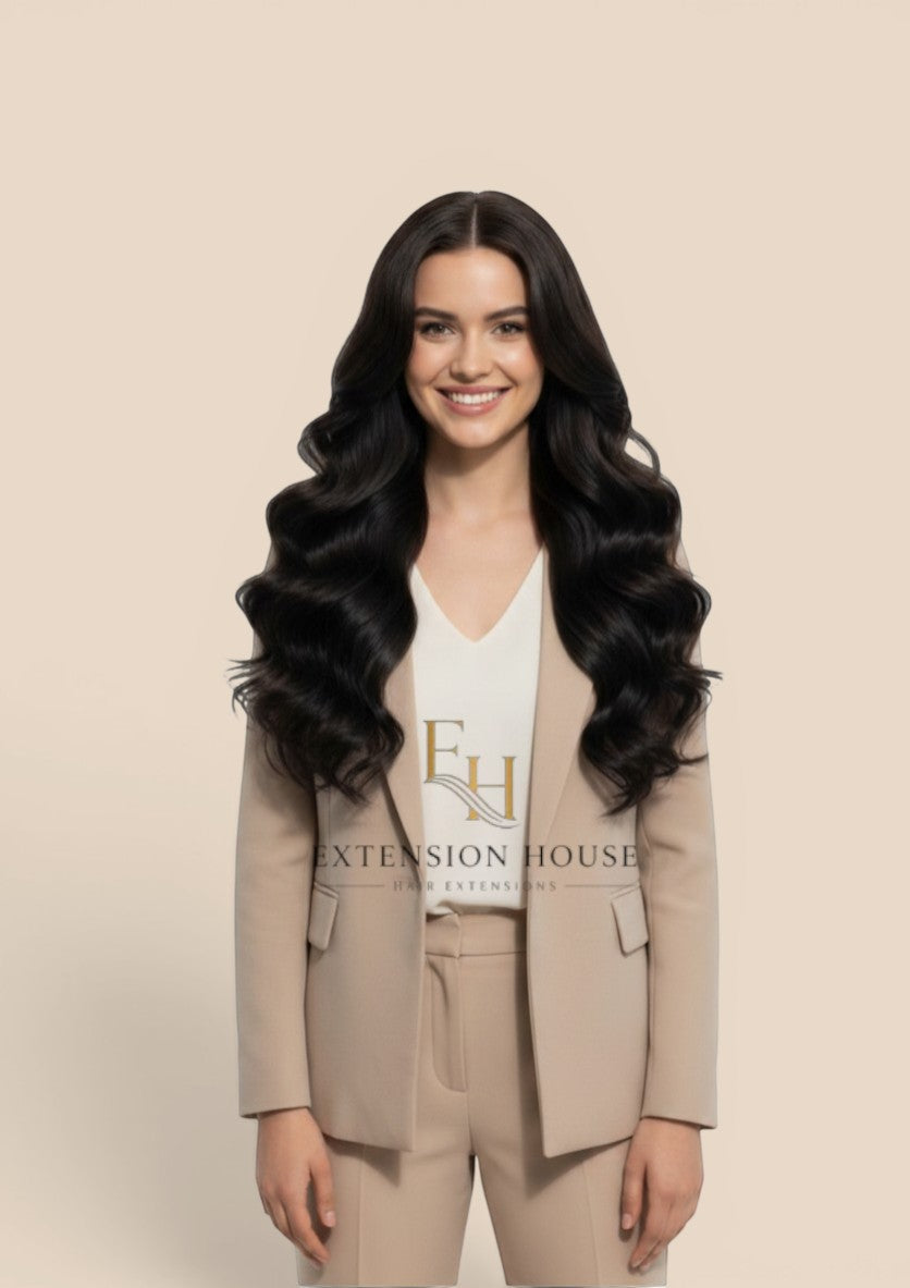 Extension house zwarte human hair flip-in extensions met golvend volume voor een natuurlijke, volle look.