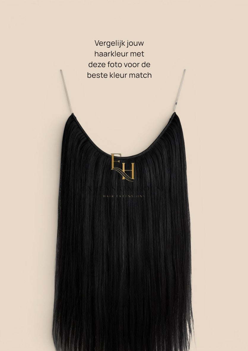 Extension house zwarte flip-in haarverlenging van 100% human hair met transparante draad voor extra volume en lengte.